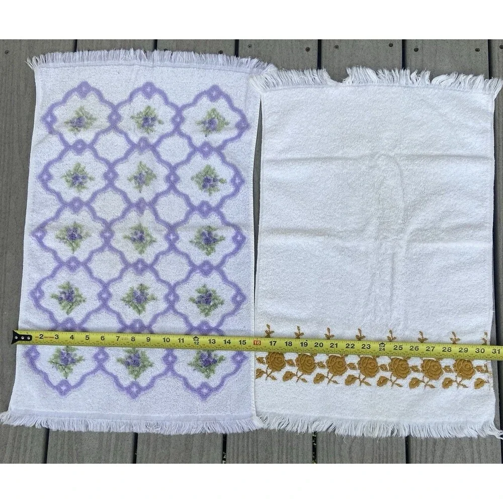 VTG 70s Floral Bath Towel Set Cannon Fieldcrest Dundee USA Cotton Fringe MCM